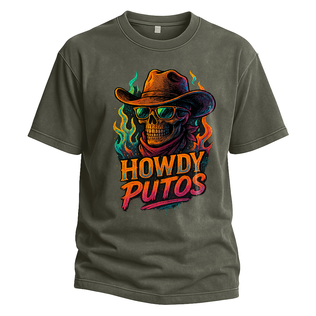 Howdy Putos Flaming Neon Skull Tee