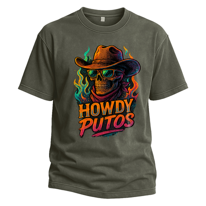 Howdy Putos Flaming Neon Skull Tee