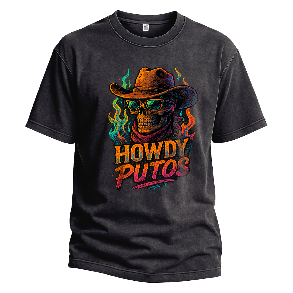 Howdy Putos Flaming Neon Skull Tee