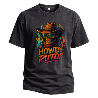 Howdy Putos Flaming Neon Skull Tee